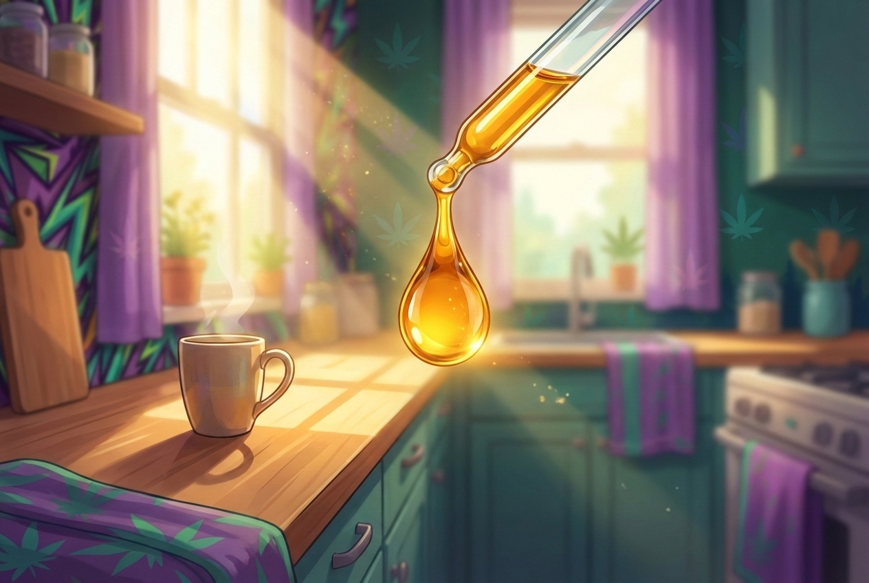 A close-up, high-definition shot of a amber-gold oil droplet falling from a glass pipette. The background is a blurred, bright morning kitchen scene with natural sunlight streaming in, suggesting clarity and the start of a day.