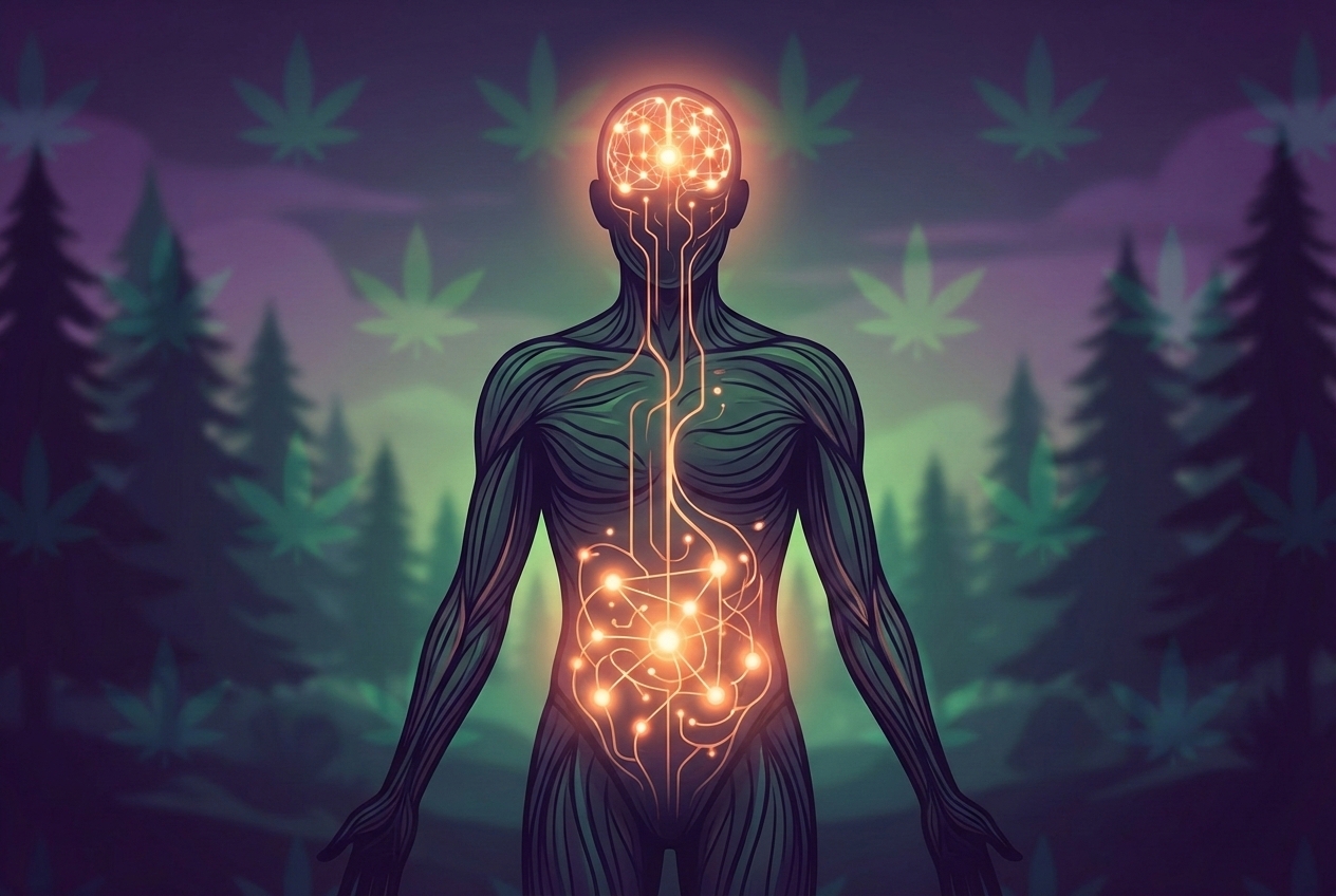 An abstract illustration of a human silhouette with a glowing, bright orange network of light concentrating in the head and gut areas, symbolizing focus and digestive connection. The style should be modern, clean, and medical-tech.